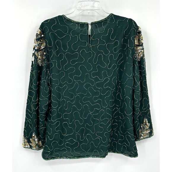 LAURENCE KAZAR shirt top blouse green XXL beaded sequins formal party evening - Picture 7 of 11